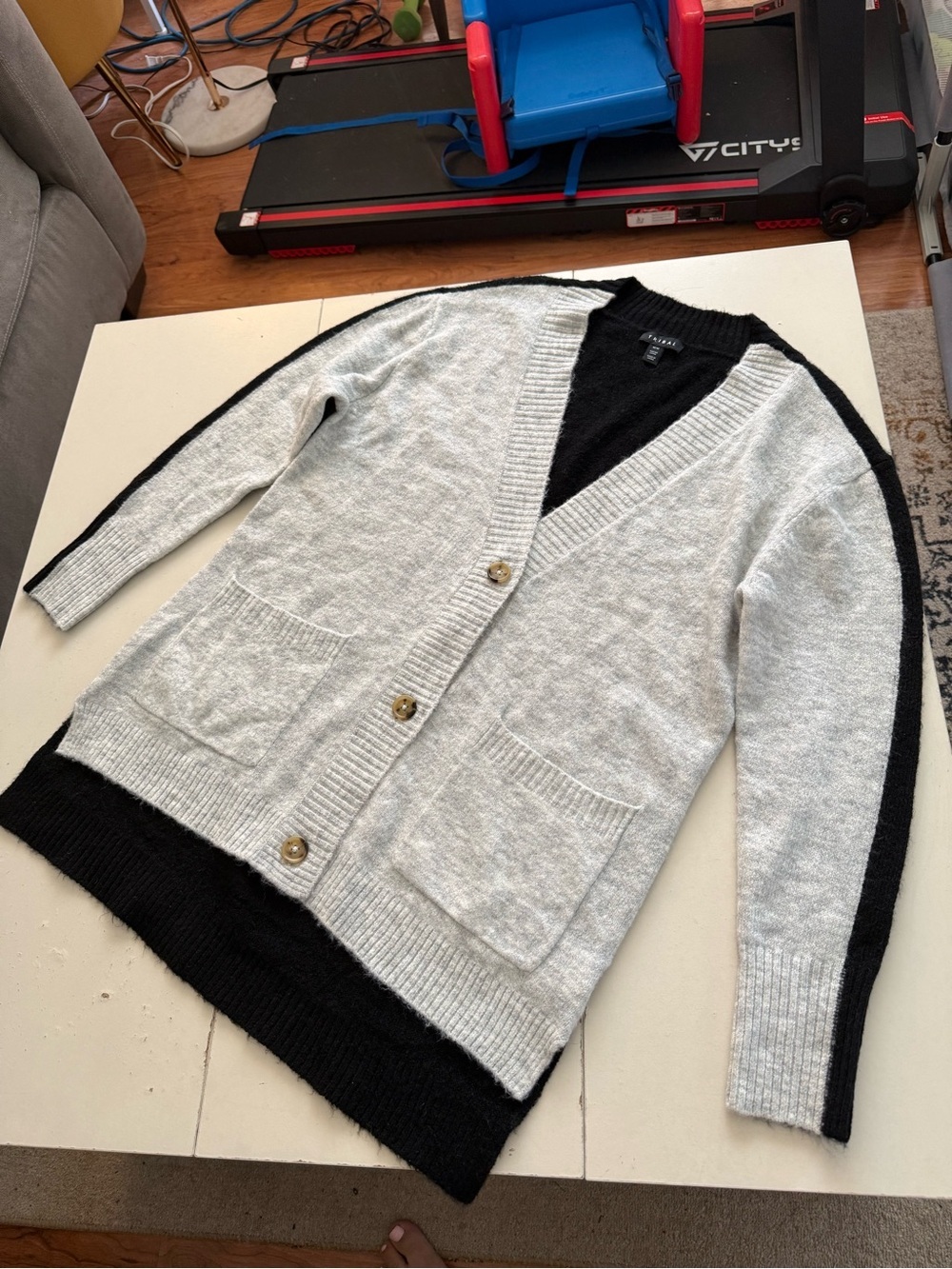 Tribal Colorblock Cardigan Black Grey Soft Oversized Cozy Knit Wool Feel Sweater